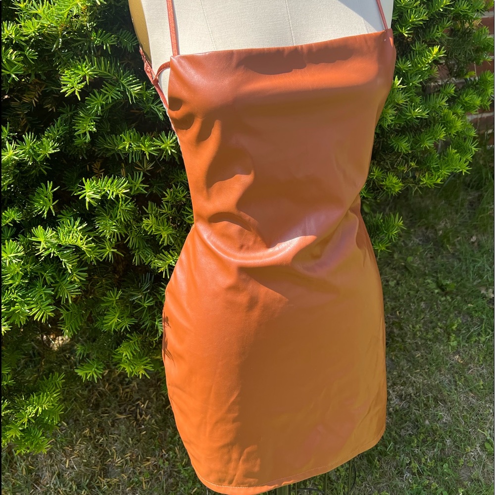 Brown leather backless body con dress